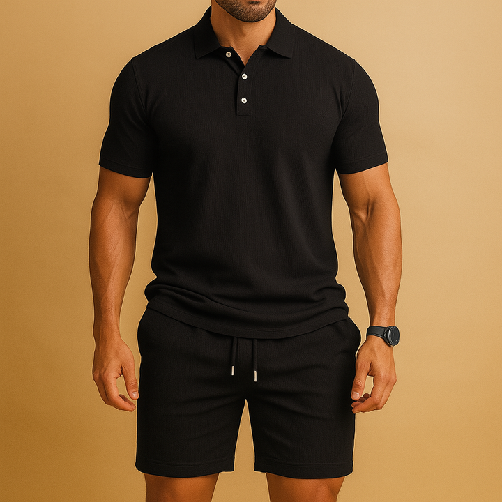 Men's fashionable polo and shorts matching set. Ideal breathable two-piece for summer outdoor activities.