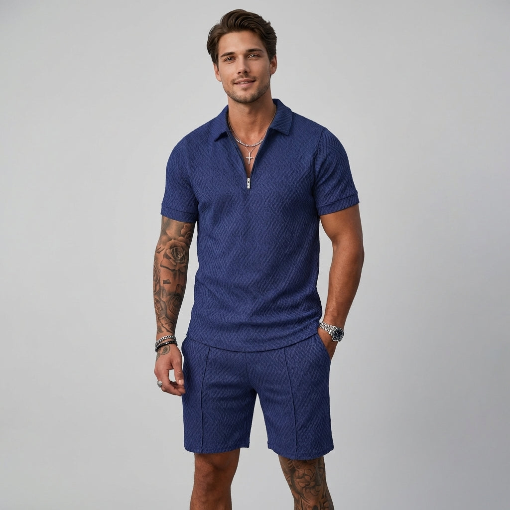 Men's stylish two-piece summer set with a short-sleeve polo shirt and matching casual shorts for comfort.