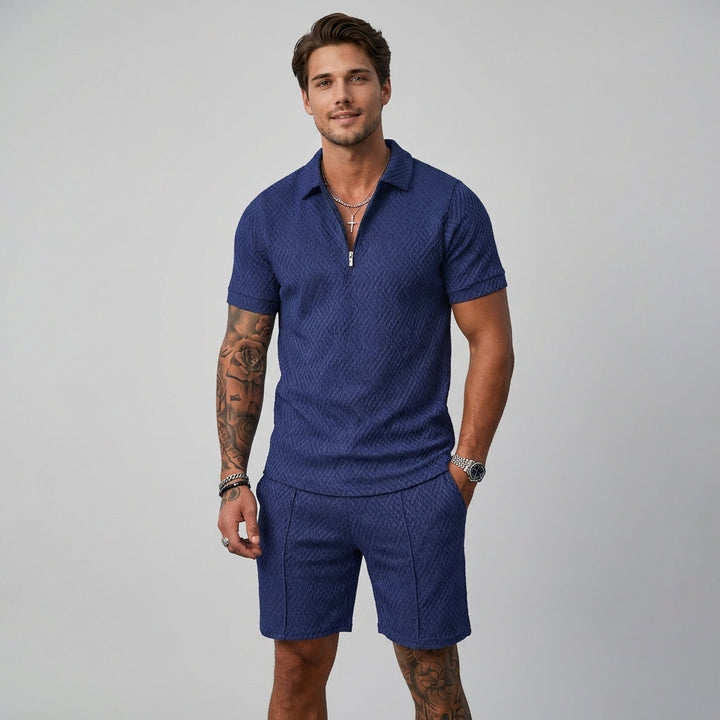 Men's stylish two-piece summer set with a short-sleeve polo shirt and matching casual shorts for comfort.
