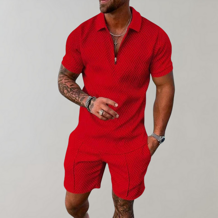 New men's two-piece summer fashion set featuring a comfortable polo shirt and stylish shorts.