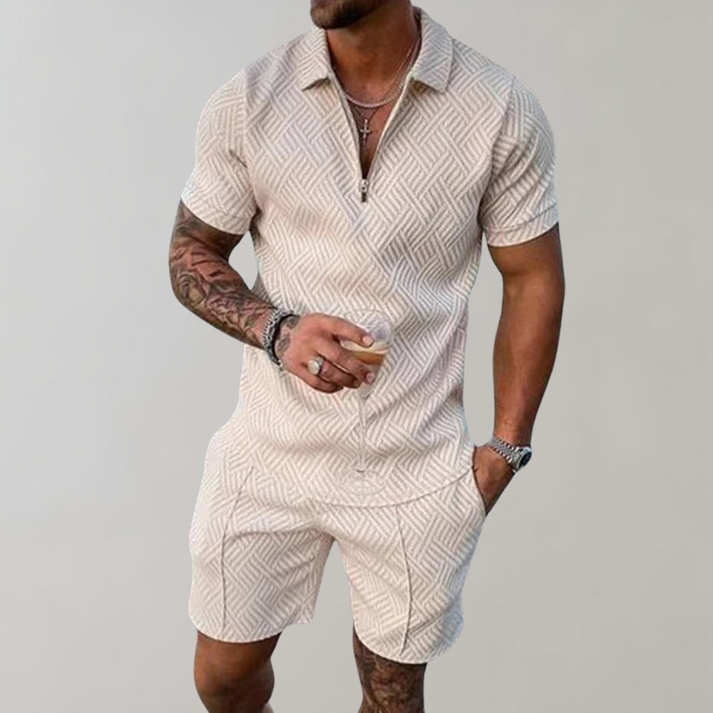 Men's lightweight two-piece summer vacation set: breathable polo shirt & elastic-waist shorts.