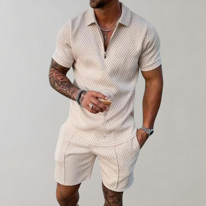 Men's lightweight two-piece summer vacation set: breathable polo shirt & elastic-waist shorts.