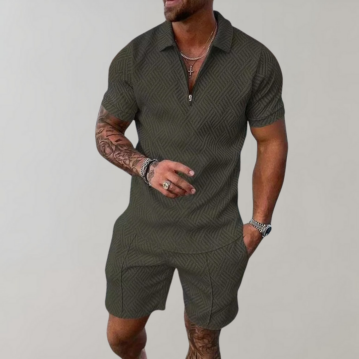 Stylish men's beachwear matching set; comfortable polo shirt and shorts for summer outdoor activities.