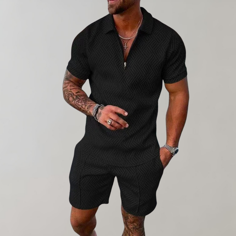 Men's versatile two-piece summer outfit. Casual polo shirt and shorts for warm-weather style and comfort.