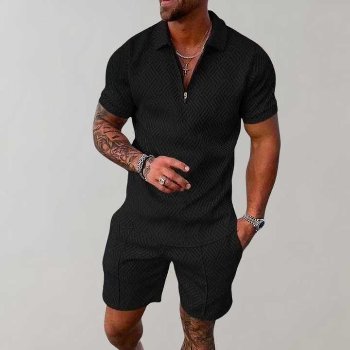 Men's versatile two-piece summer outfit. Casual polo shirt and shorts for warm-weather style and comfort.