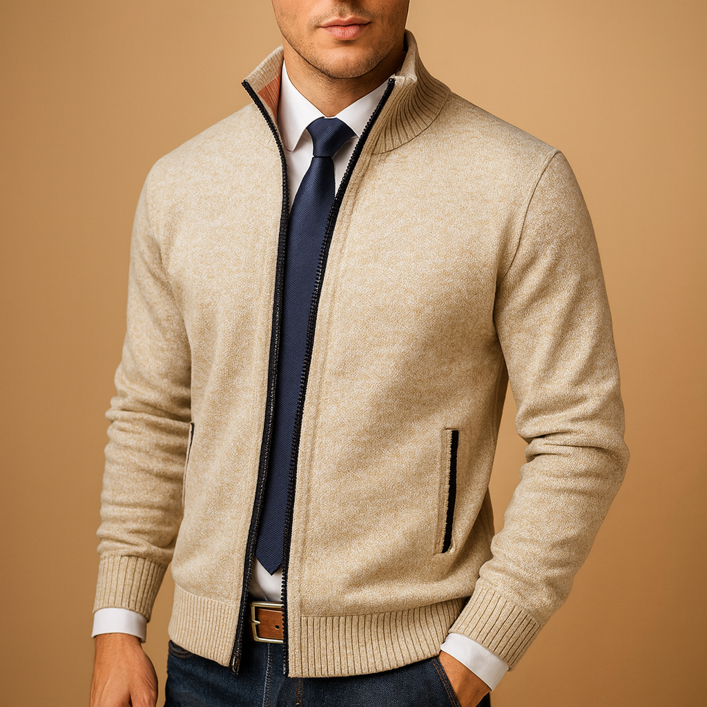 Men's stylish zipped cardigan for modern comfort & effortless casual layering in autumn/winter.
