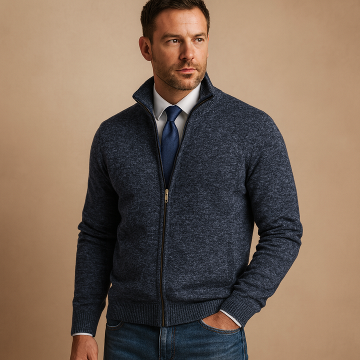 Soft men's knit zipped cardigan for cozy autumn/winter comfort. Stylish everyday layering outerwear.