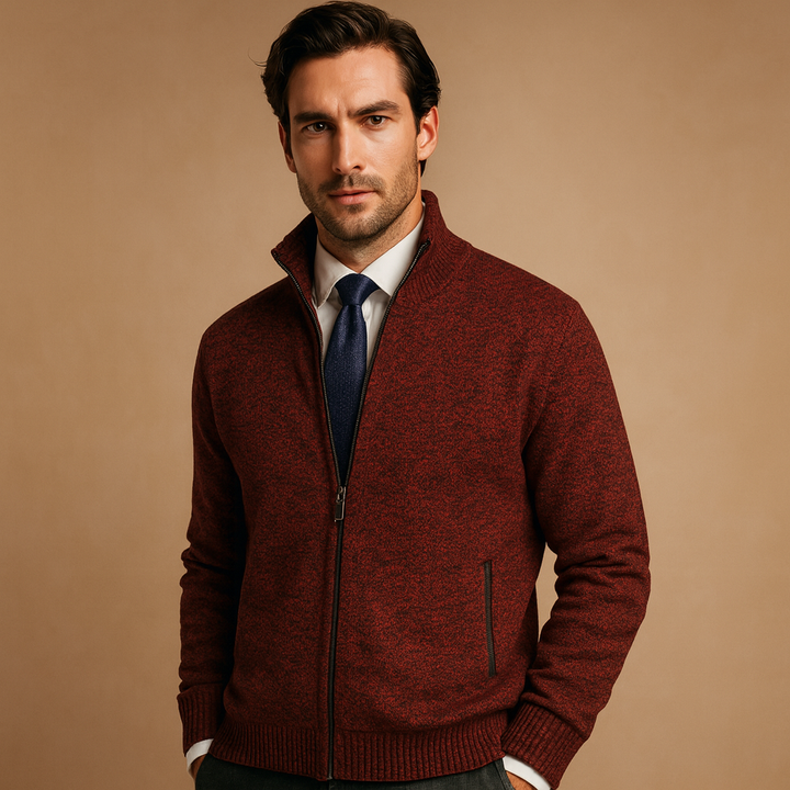 Modern men's zipped knit cardigan, a stylish and comfortable sweater for effortless everyday layering.