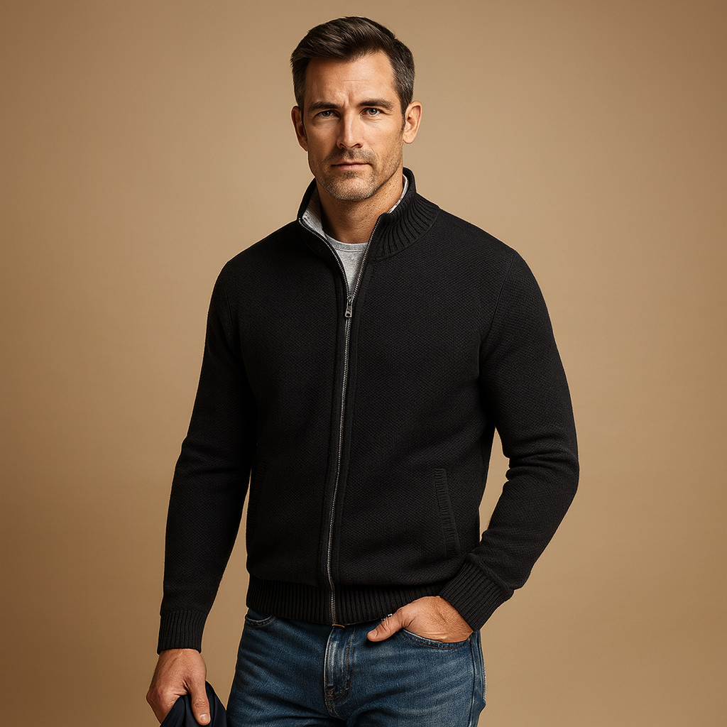 Warm men's knitted zipped cardigan, an essential versatile sweater for comfortable autumn & winter outerwear.