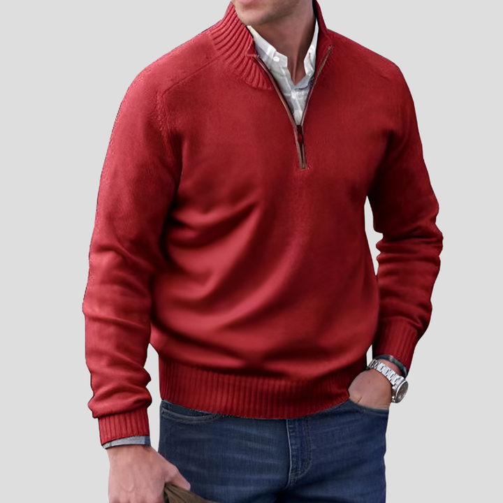 Men's casual long sleeve pullover with a modern zipper collar, offering comfort & style.