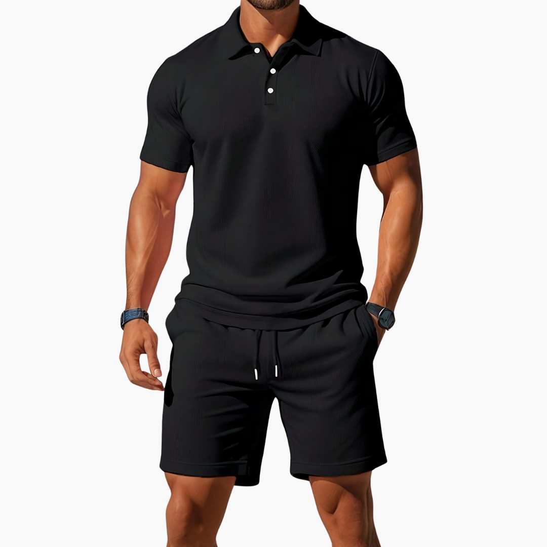 Men's summer casual outfit. Short sleeve polo shirt & drawstring shorts for ultimate comfort.