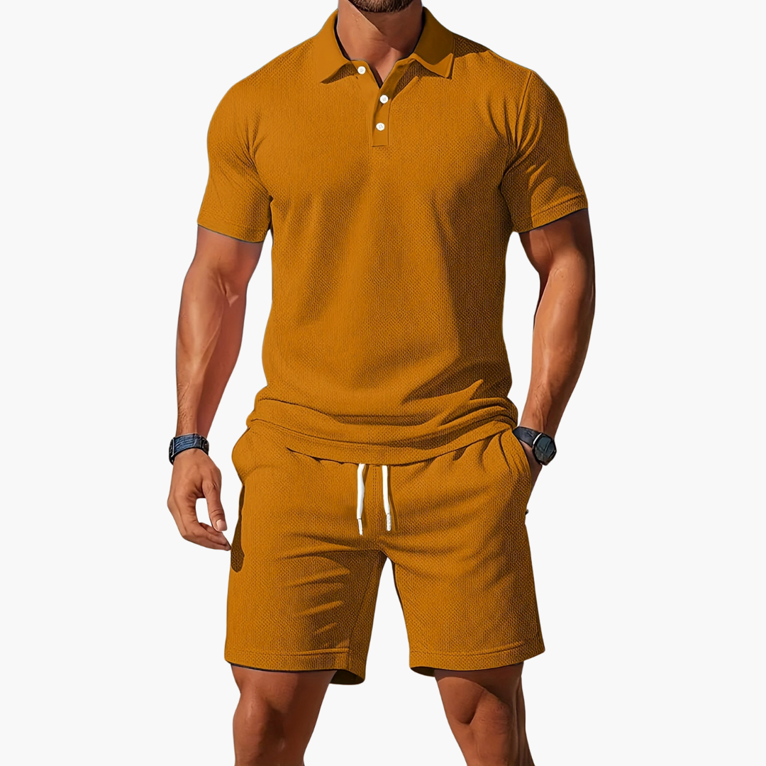 Modern men's short sleeve polo and drawstring shorts lounge set. Versatile summer casual wear.