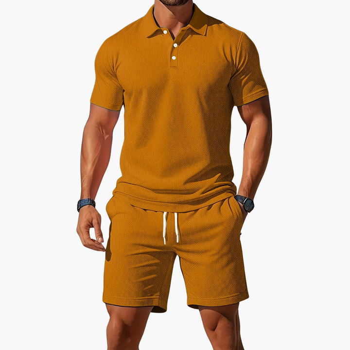 Modern men's short sleeve polo and drawstring shorts lounge set. Versatile summer casual wear.