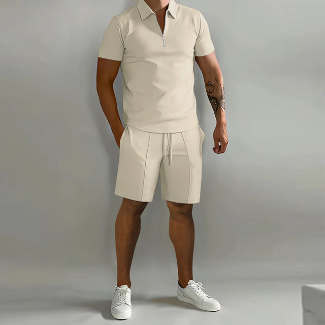 Men's summer two-piece set: short sleeve zip polo shirt & drawstring shorts. Comfortable casual loungewear.