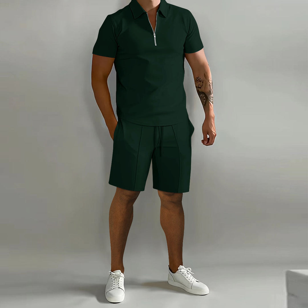 Men's comfortable summer outfit: short sleeve zip polo & drawstring shorts. Versatile casual loungewear.