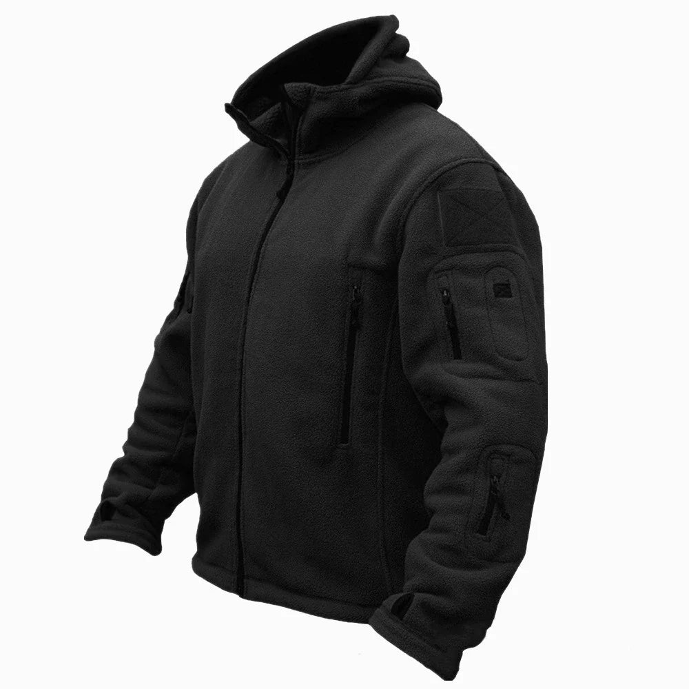Multi-pocket men's tactical hooded jacket, ideal for storing essentials on outdoor adventures. Practical design.