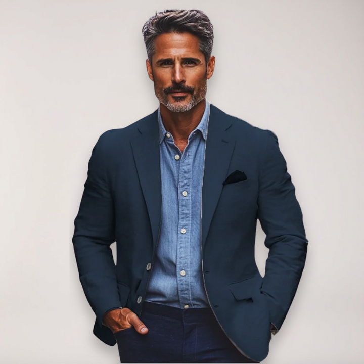 Sophisticated men's tailored blazer, ideal for business attire or smart casual style. Essential versatile formal jacket.