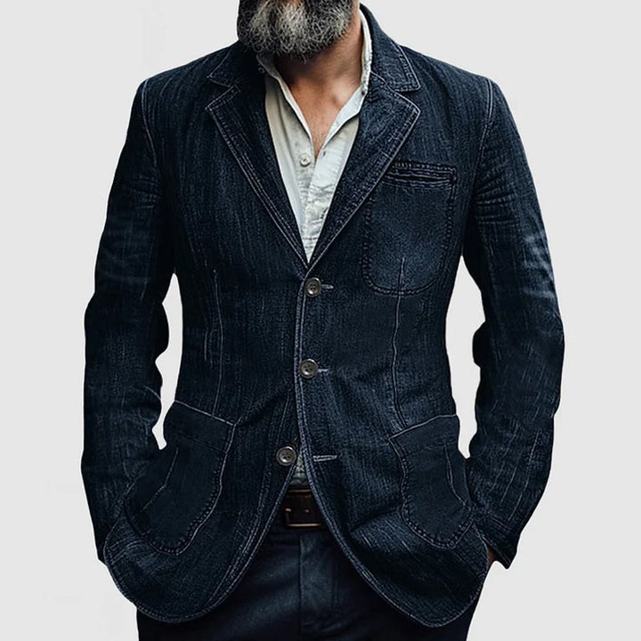 Men's tailored casual blue blazer with pockets, ideal for a smart-casual modern look.