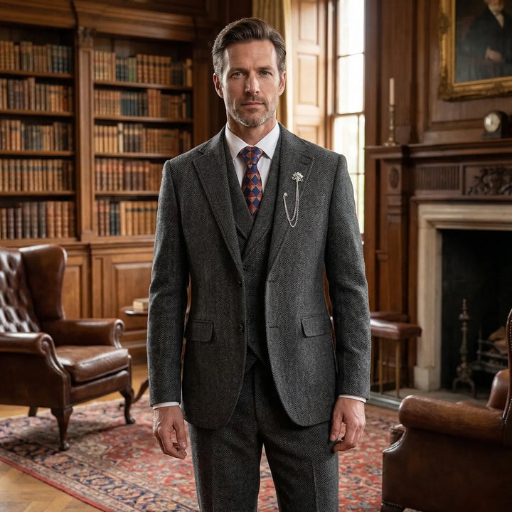 Men's tailored fit 3-piece herringbone suit set. Ideal classic formal wear for business, weddings, or special occasions.