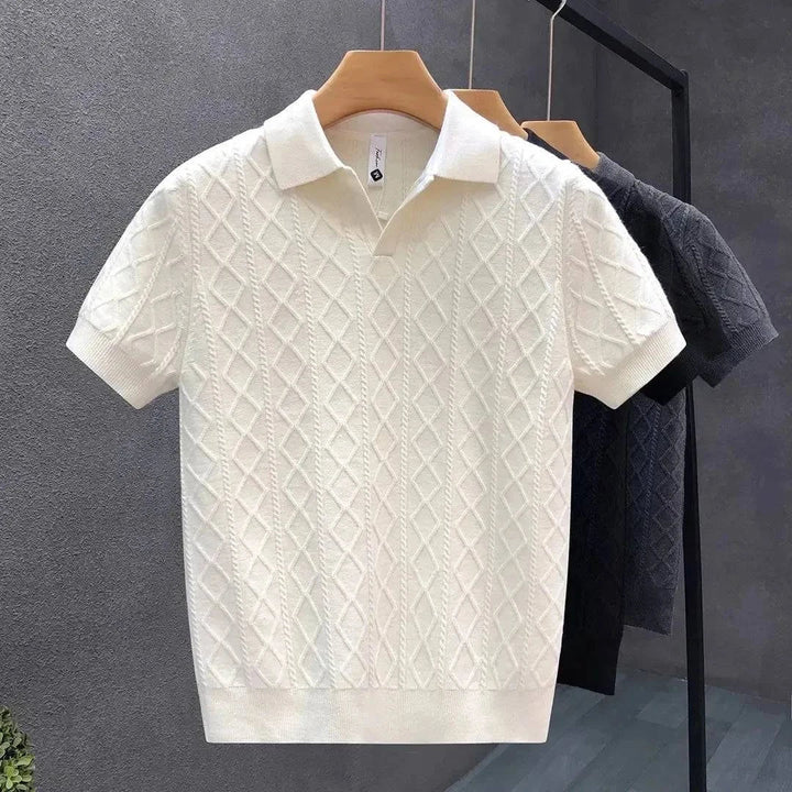 Men's tailored fit diamond knit polo shirt in soft cotton. Perfect for casual summer fashion.