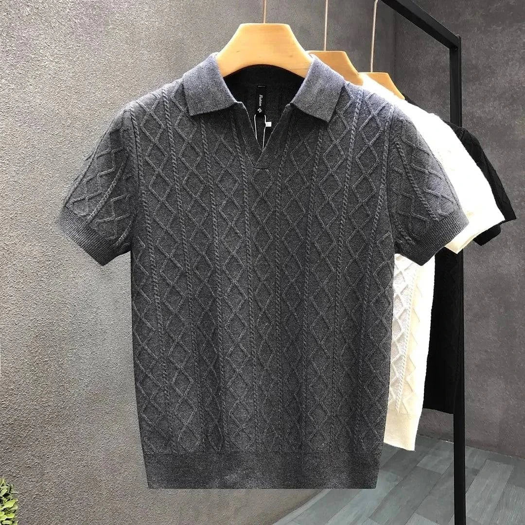 Cream men's diamond knit cotton polo shirt, showcasing the unique textured pattern and tailored fit.