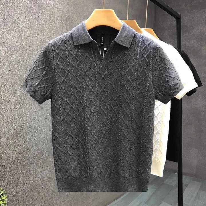 Cream men's diamond knit cotton polo shirt, showcasing the unique textured pattern and tailored fit.