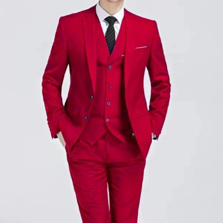 Classic men's formal wear: a single-button tailored three-piece suit for elegant special events.