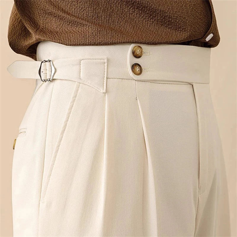 Men's tailored high-waisted trousers with side buckle. Perfect for business or smart casual wear.