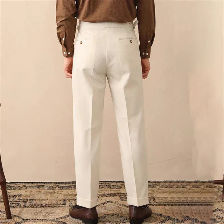 Chic men's high-waisted tailored fit trousers, ideal for formal or smart casual occasions. Features side buckle.