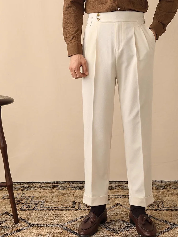 Formal men's dress pants with a tailored high-waist and stylish side buckle. Great for business wear.