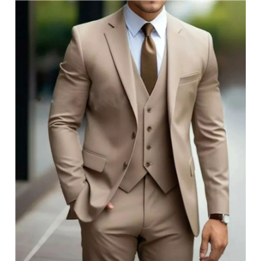 Men's modern tailored slim-fit three-piece suit, a key piece in contemporary men's fashion.