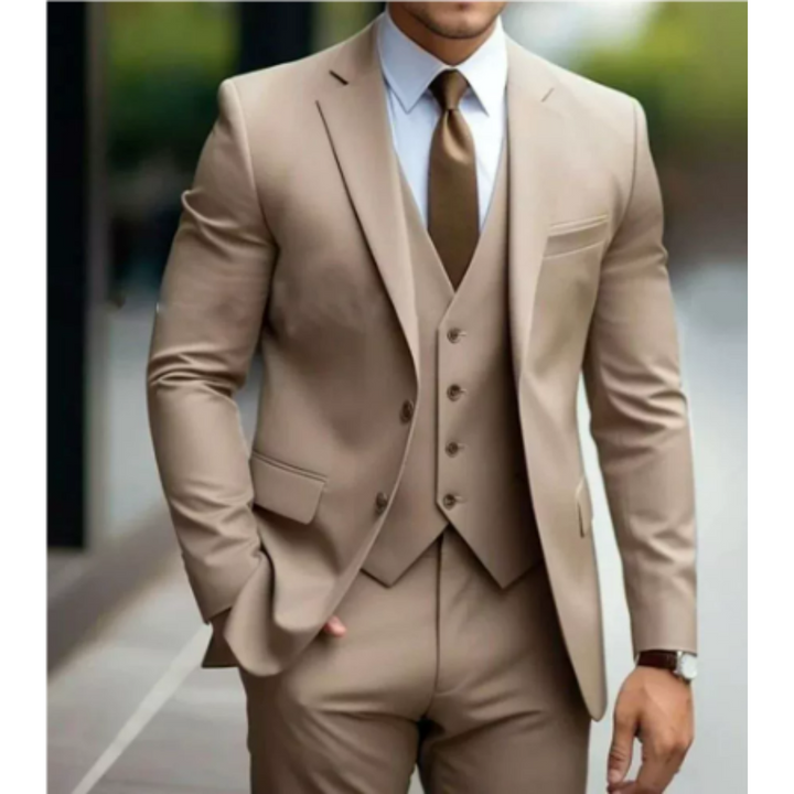 Men's modern tailored slim-fit three-piece suit, a key piece in contemporary men's fashion.