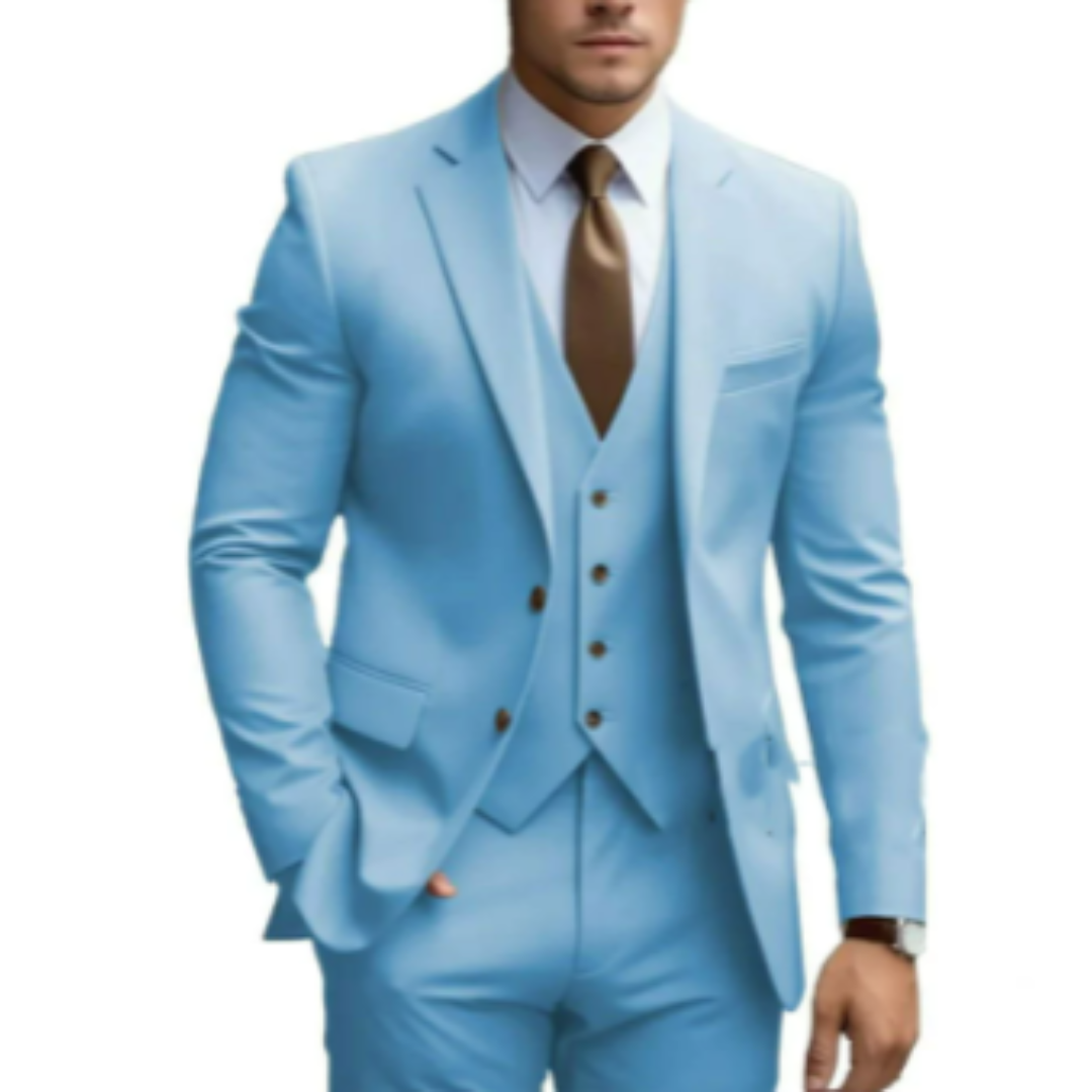 Elegant men's three-piece suit, ideal wedding attire or business formal wear.