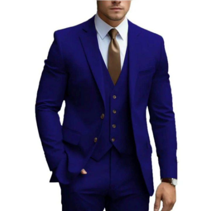 Complete men's three-piece suit: jacket, vest & trousers. Essential business wear.