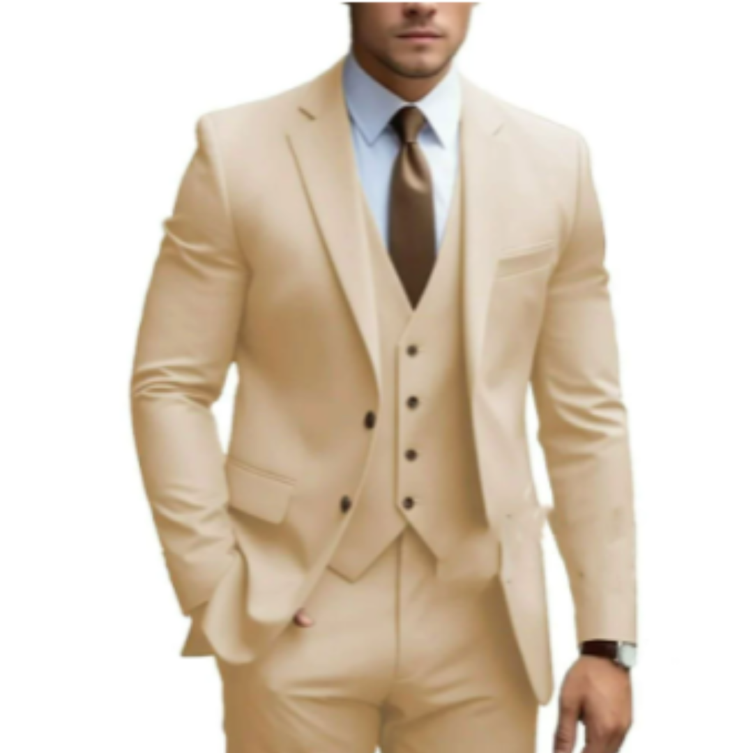 Full view of a men's slim-fit three-piece suit, showcasing its elegant tailored silhouette.