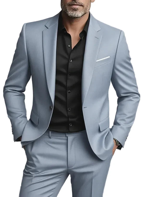 Elegant men's two-piece tailored suit with a modern slim fit, great for professional business or formal wedding events.