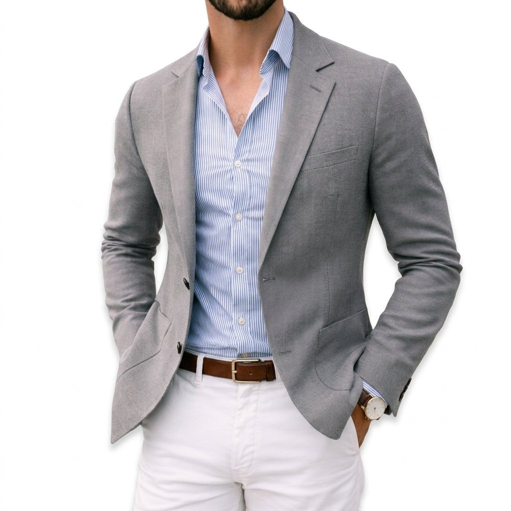 Versatile men's suit jacket. Tailored fit for smart casual or formal wear. Sharp, comfortable style.