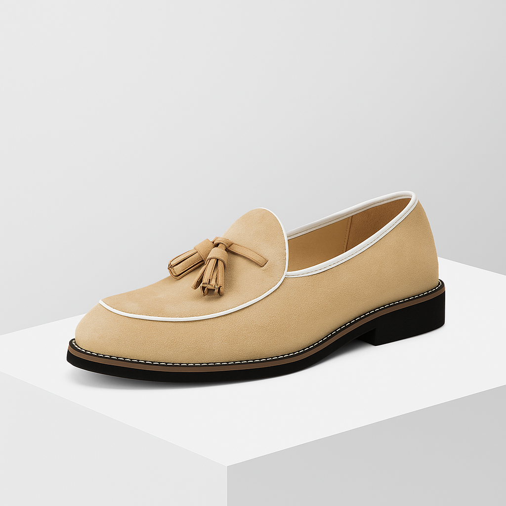 Men's tan suede tassel loafers, perfect for formal or casual wear, offering slip-on comfort.