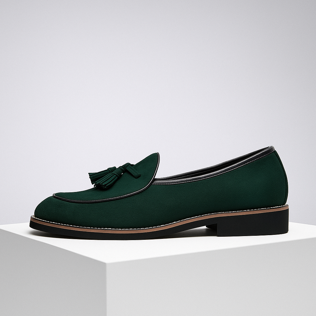 Front view of men's burgundy suede tassel loafers, emphasizing the sophisticated dress shoe appeal.