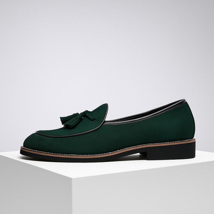 Front view of men's burgundy suede tassel loafers, emphasizing the sophisticated dress shoe appeal.
