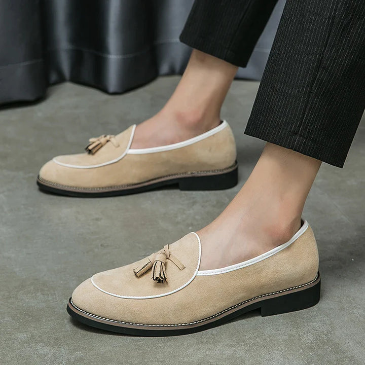 Men's suede tassel loafers in a variety of colors, featuring a comfortable slip-on design for footwear.