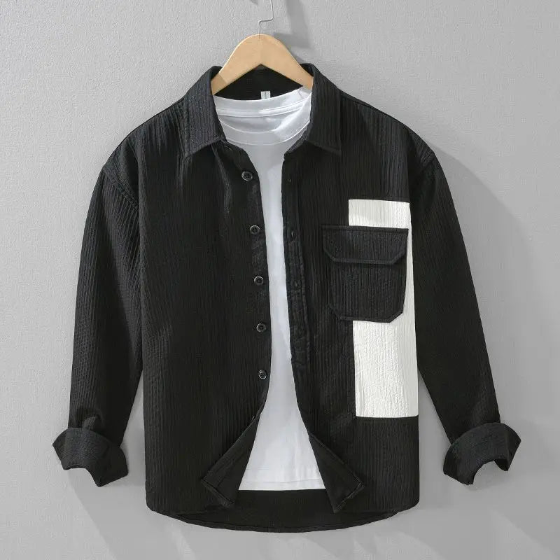 Men's casual button-up shirt, classic black with subtle texture and contrast patch on pocket