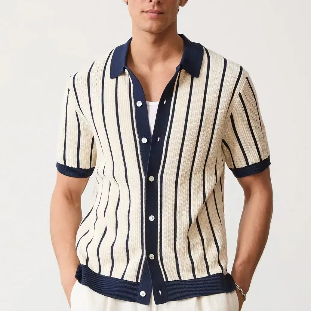 Men's textured knit button-up shirt in a light color, perfect for casual summer wear with a collar