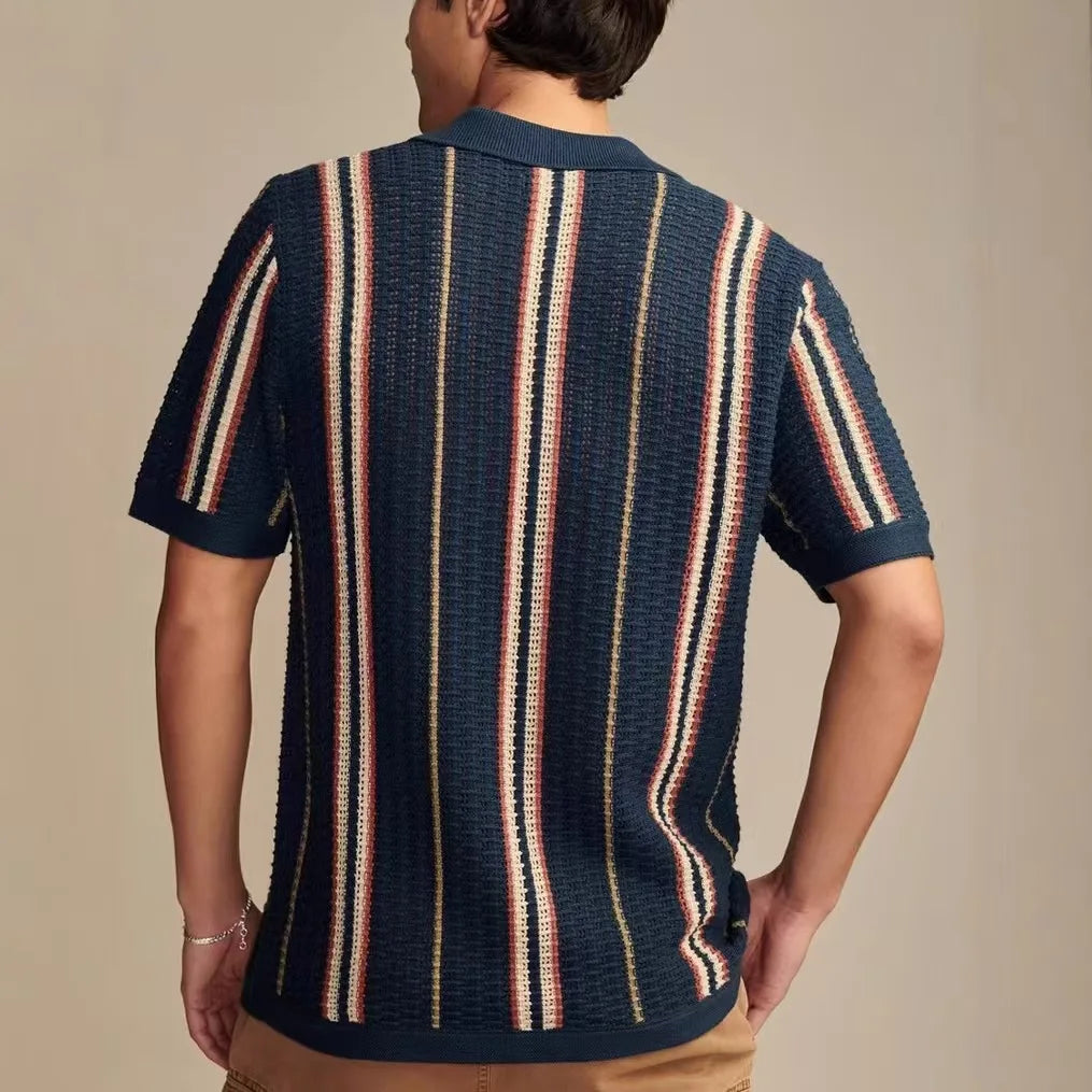 Stylish men's collared knit shirt, buttoned up, showcasing its unique texture and casual summer style