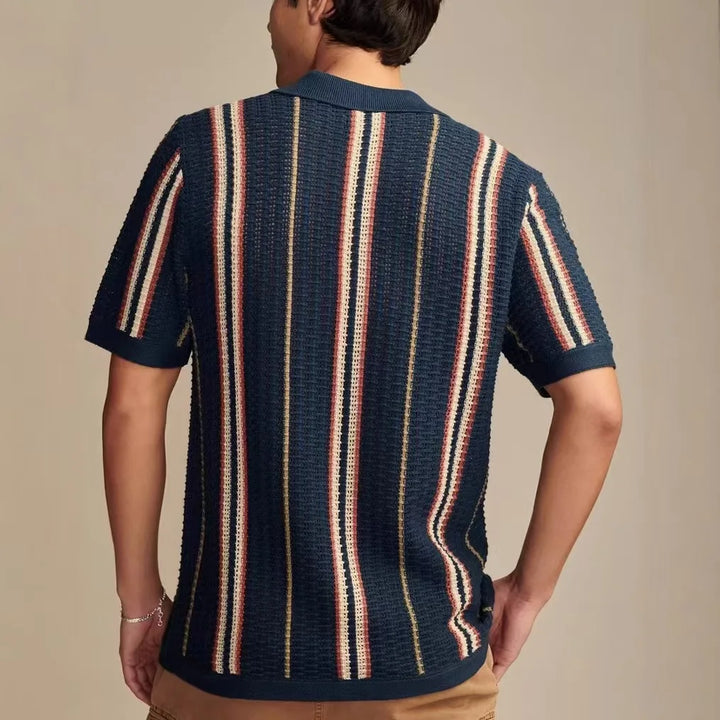 Stylish men's collared knit shirt, buttoned up, showcasing its unique texture and casual summer style