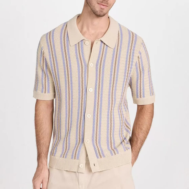 Front view of a versatile men's short sleeve knit shirt, ideal for warm weather, with a button-up design