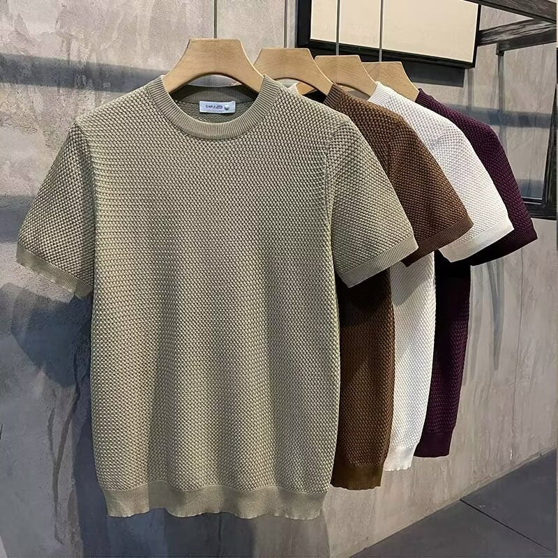 Men's textured knit crewneck sweater, stylish and comfortable long sleeve pullover for casual wear.