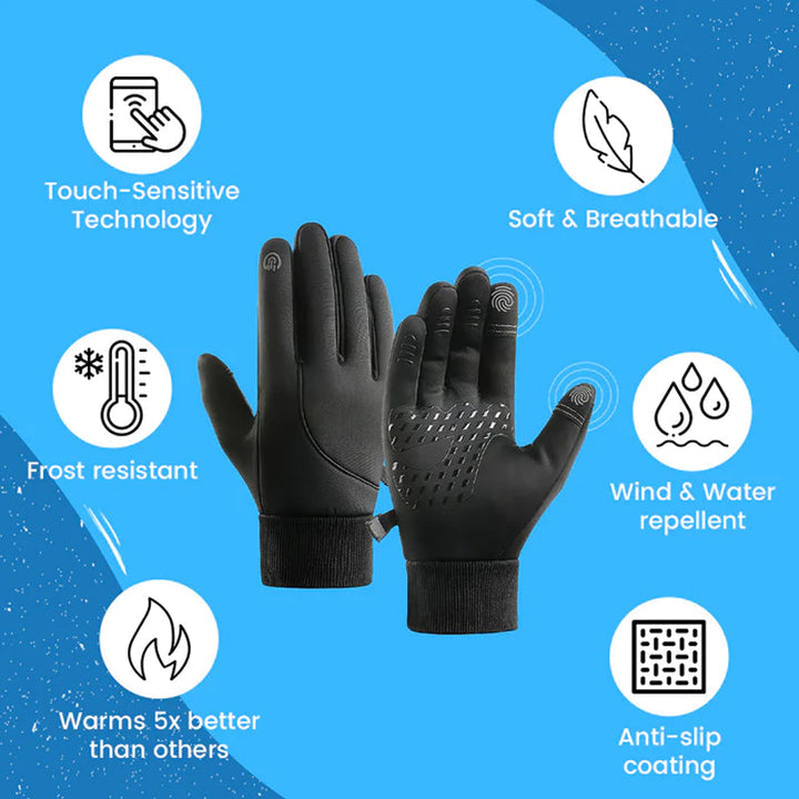 Thermal men's touchscreen gloves, shown from the palm side, highlighting grip texture and durable material
