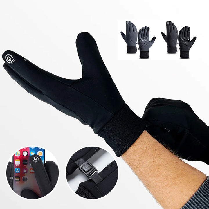 Men's outdoor winter gloves, insulated and touchscreen-enabled, laid flat to showcase their design
