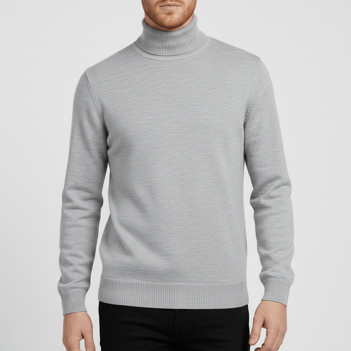 Men's stylish slim-fit turtleneck sweater, showcasing its snug collar and tailored look.